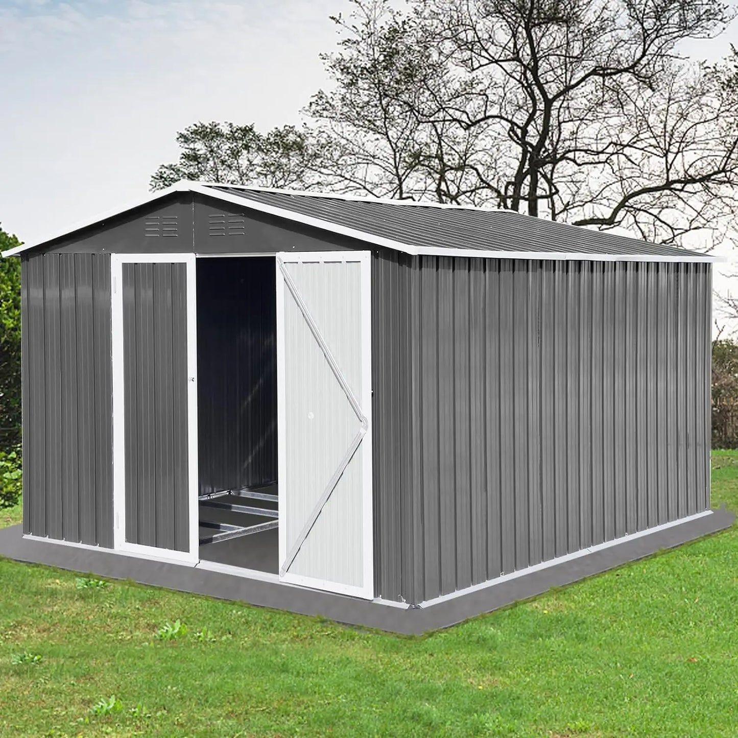 Outdoor Storage Shed with Lockable Doors for Backyard Lawn Garden 10ftx8ft Metal Outdoor Galvanized Steel Storage Shed