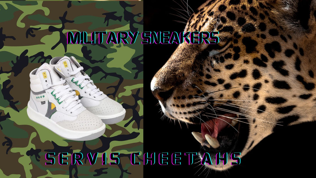 White military sneakers on camouflage background, roaring cheetah close-up, bold text overlay