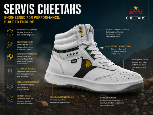 Front view of authentic Servis Cheetahs sneakers in white with gum sole, showing cheetah side overlay and chunky sole, available at ZEWAH.COM for $130 with worldwide shipping.