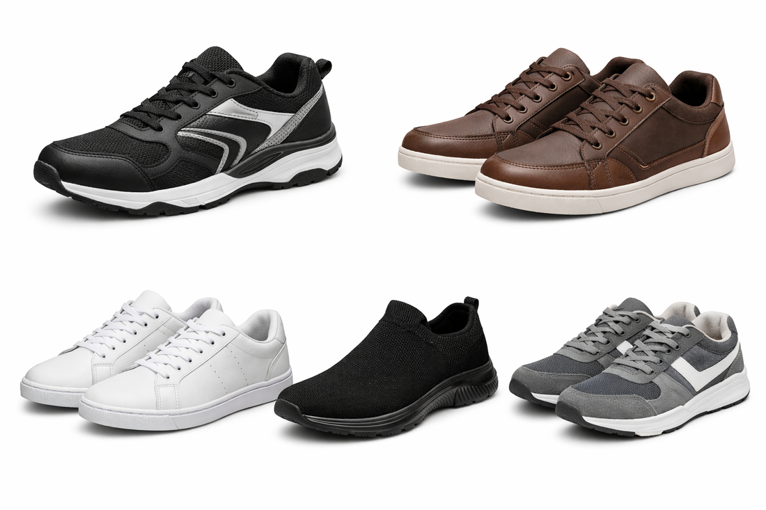 Comfortable men's sneakers and casual shoes in black, brown, white, and grey colors