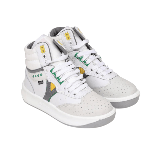 White high top tactical sneakers with green, grey, and yellow accents on a white background