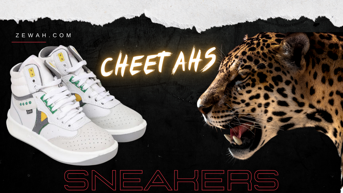 White high-top sneakers with green and yellow accents next to an open-mouthed cheetah on black background