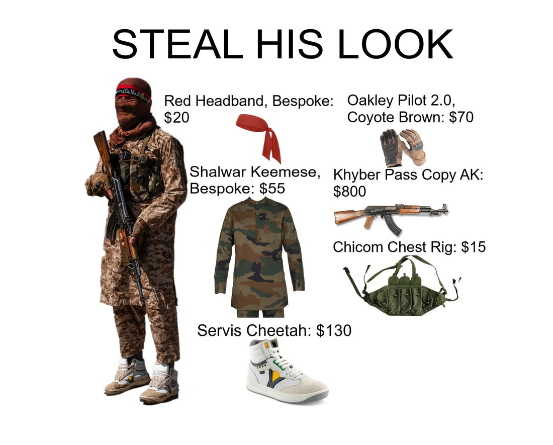 Camouflaged man with red headband, holding rifle, wearing Servis Cheetah sneakers and tactical gear
