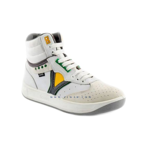 White high-top sneaker with green and yellow accents, perforated toe, side branding, and rubber sole