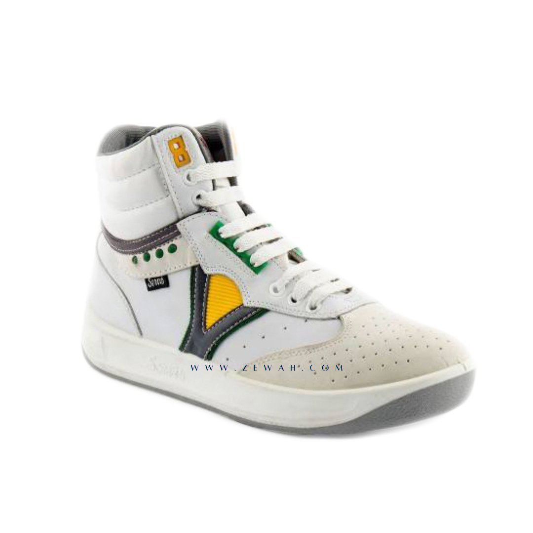 White high top sneaker with green, yellow, and grey accents, classic retro style shoe