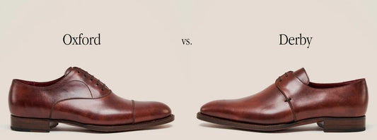 Brown leather Oxford shoe on left and Derby shoe on right, both side by side on neutral background