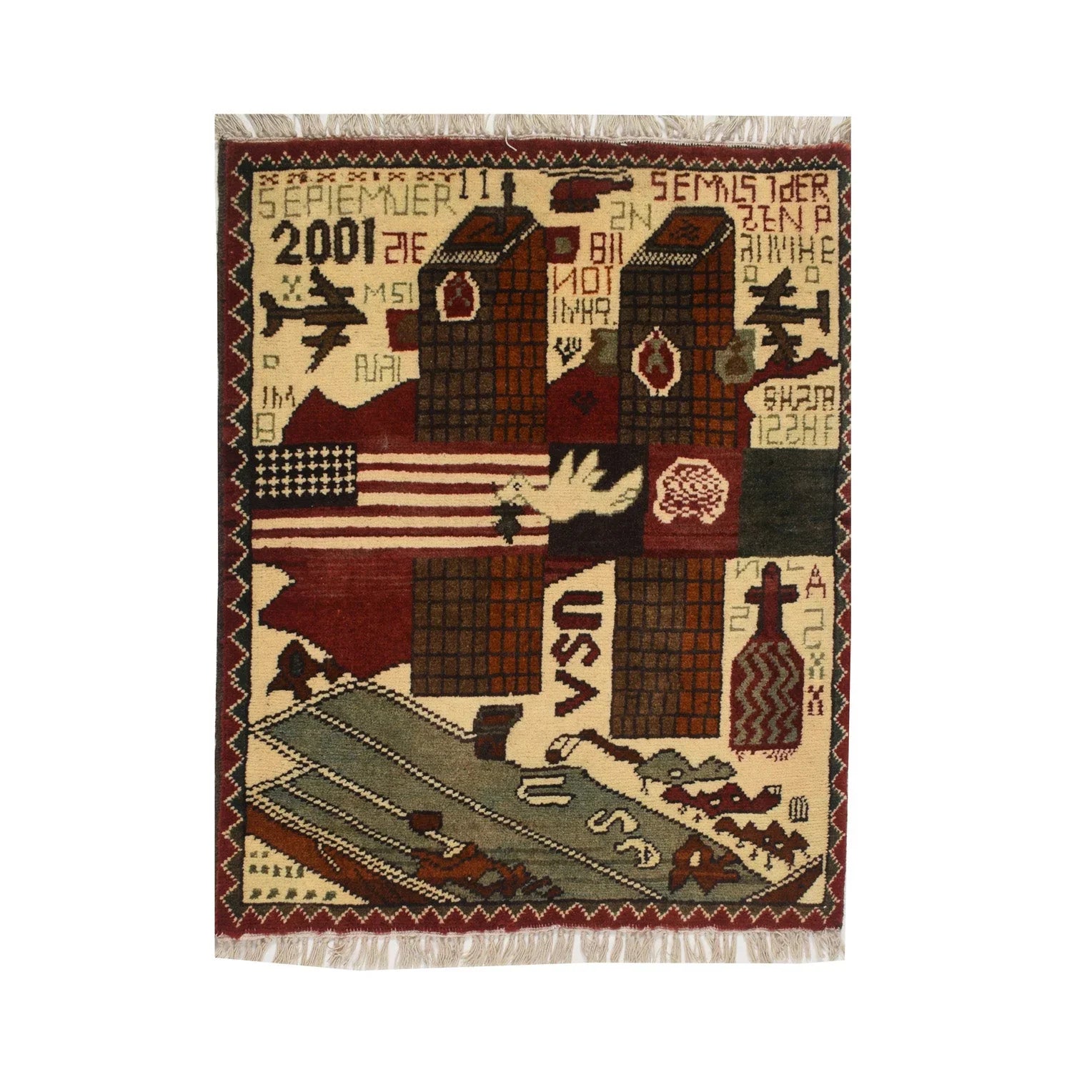 Handwoven rug with depictions of twin towers, flag, airplane, and 2001 text in earthy tones