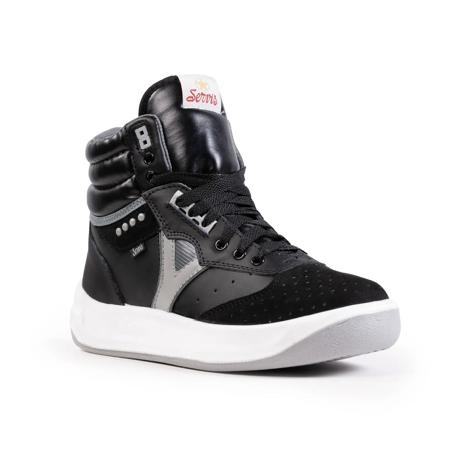 Black and grey high-top sneaker with white sole and lace-up design on white background