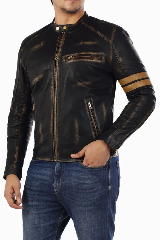 Men's genuine lambskin leather biker jacket with gold stripes on arm, paired with jeans
