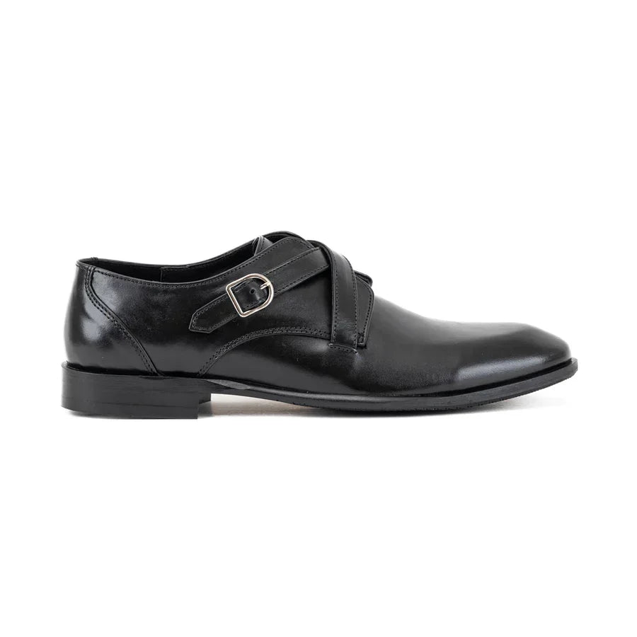 Black leather monk strap dress shoe with buckle, classic formal men's footwear