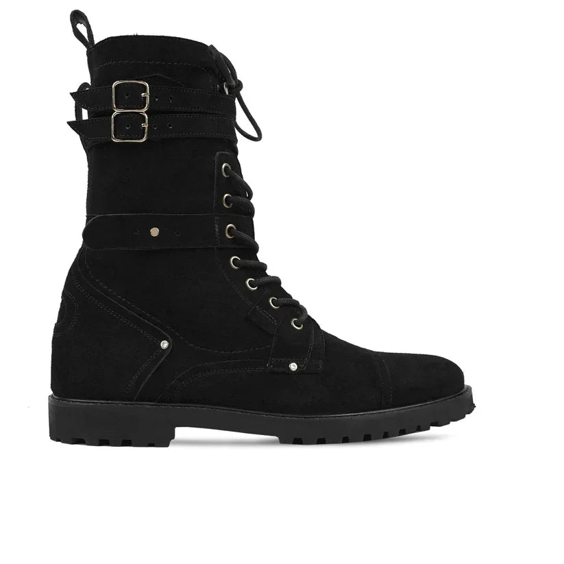 Black suede women's winter boot with laces, buckles, and rugged sole, premium leather