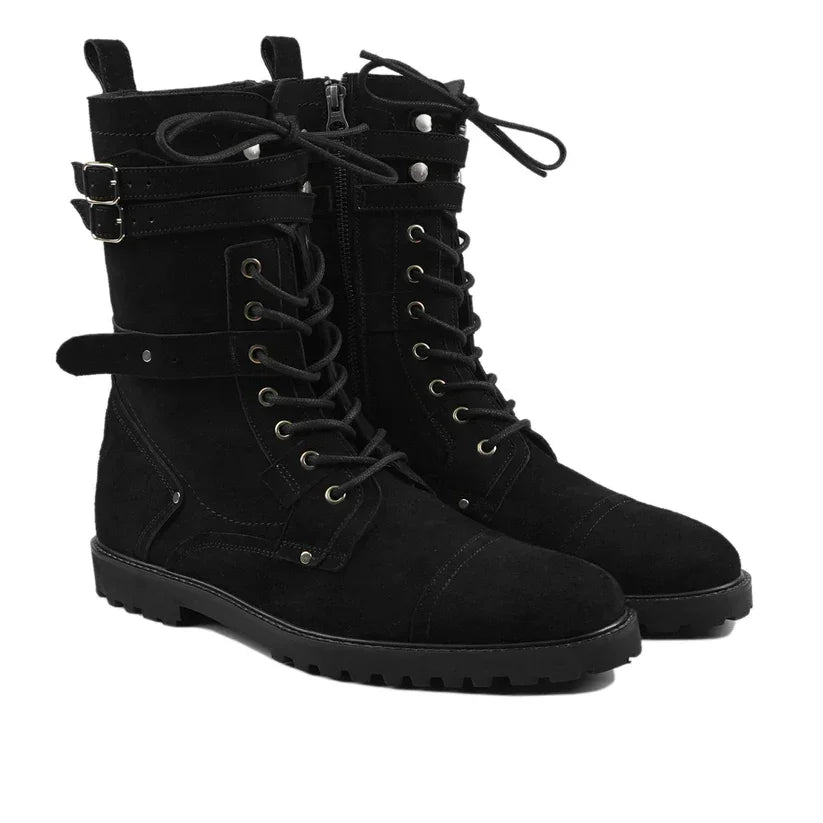 Black suede women's leather winter boots with laces, buckles, and rugged soles