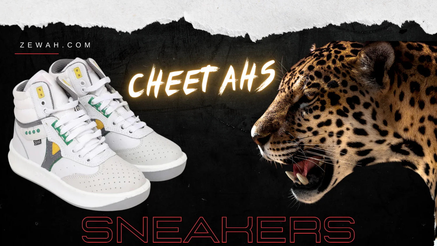 White high-top sneakers with green and yellow accents next to a snarling cheetah on dark background