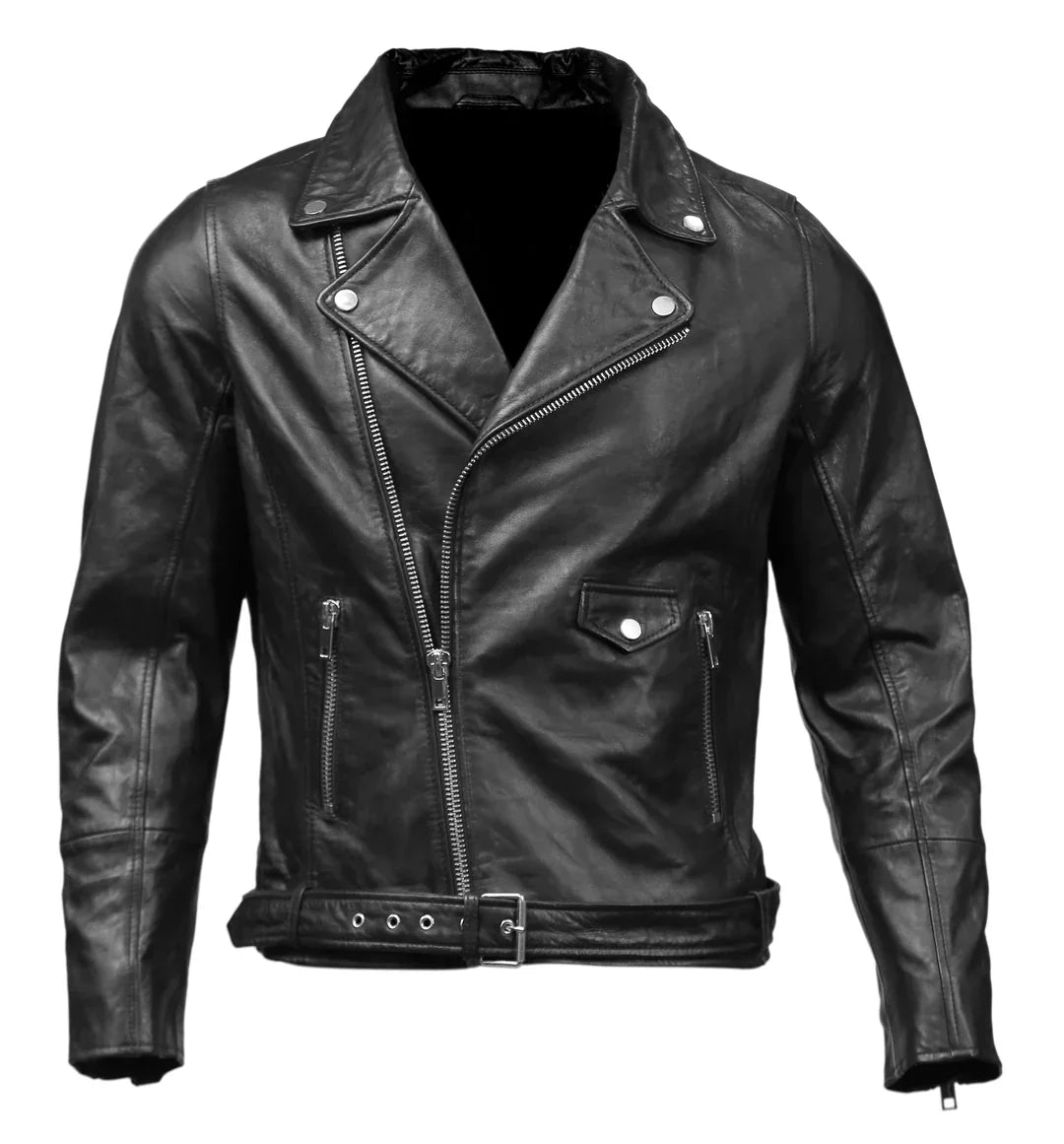 Black leather biker jacket with zippers, belted waist, and long sleeves on white background
