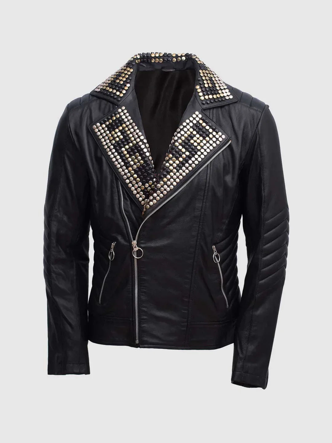 Men's black leather jacket with silver studded lapels and zippered pockets on a grey background.