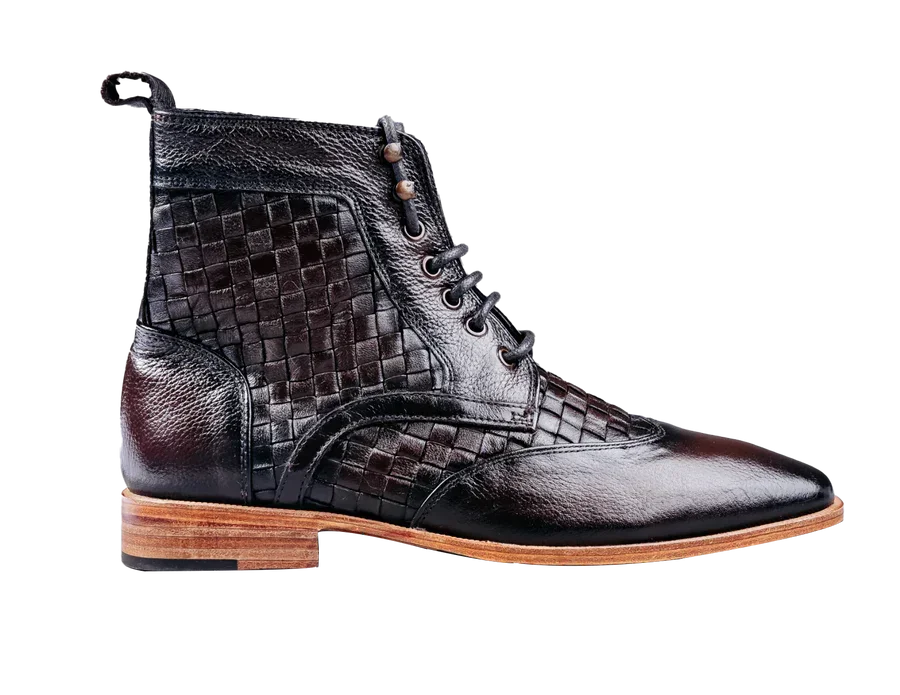 Men's black woven leather ankle boot with lace-up design and brown sole
