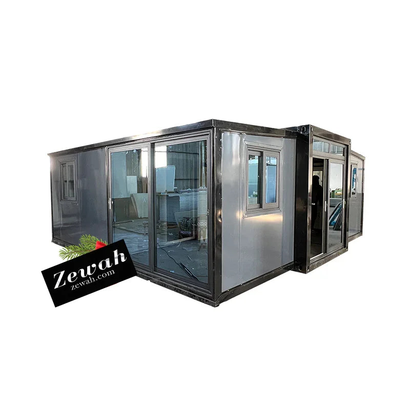 Modern steel prefab expandable container house with large glass doors and windows