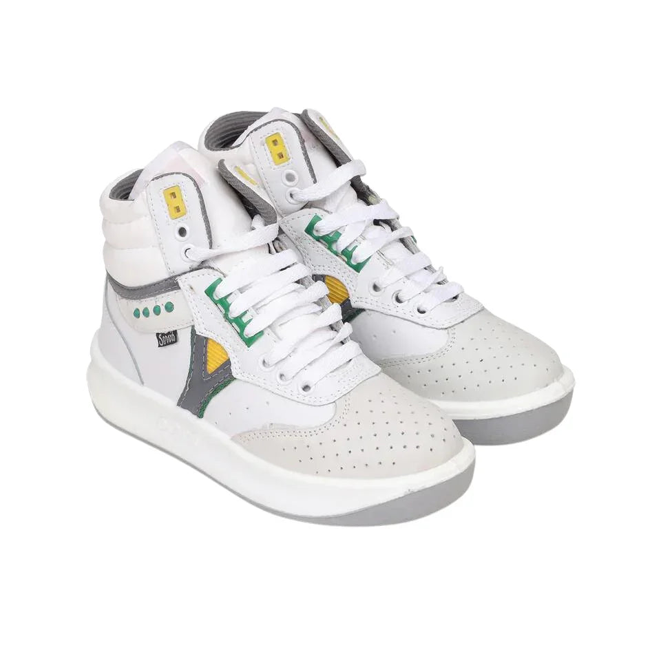 White and grey high top sneakers with yellow and green accents, perforated toe, side logo