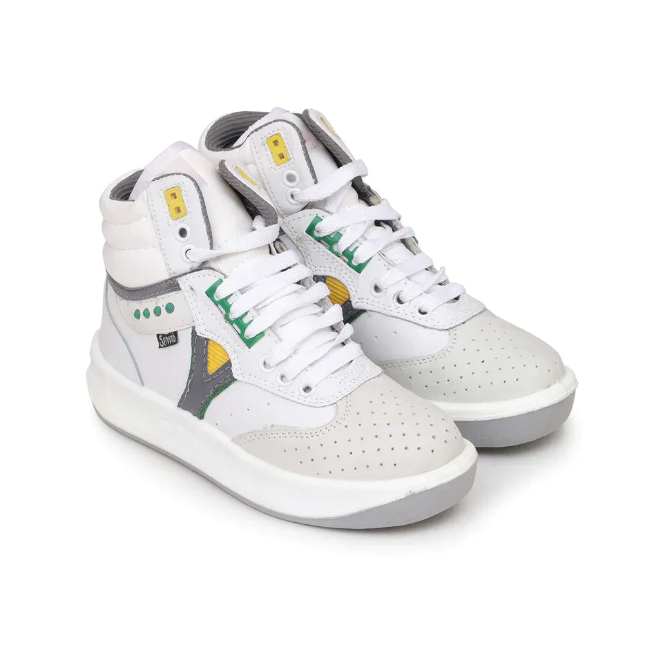 White and grey high-top sneakers with green and yellow accents, perforated toe, modern styling