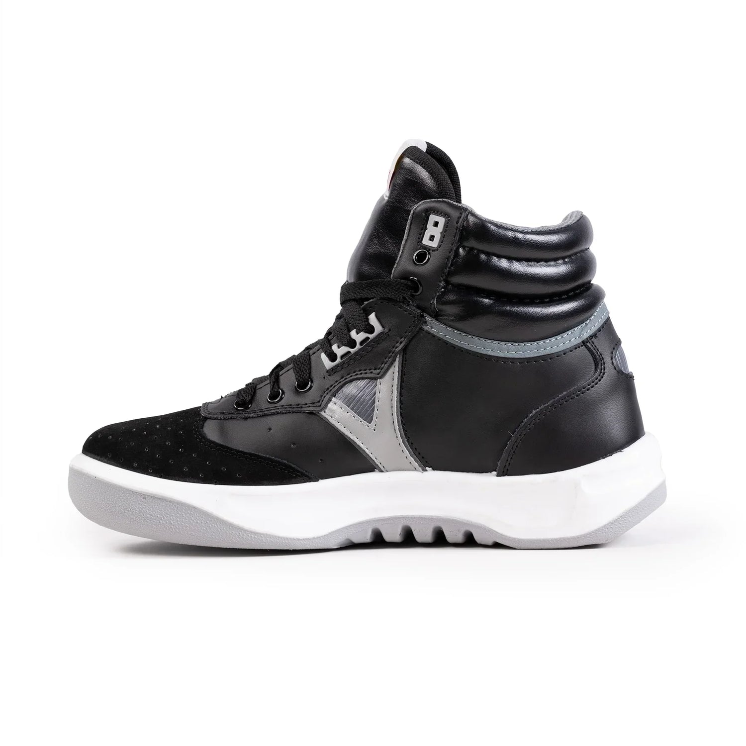 Black high-top sneaker with gray accents, lace-up design, and white rubber sole