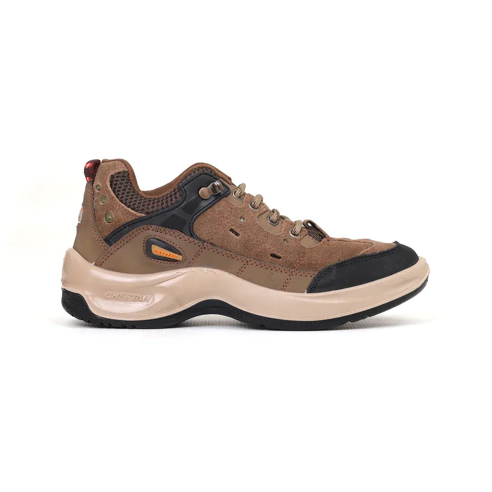 Brown suede athletic sneaker with black and beige accents, side profile, white background