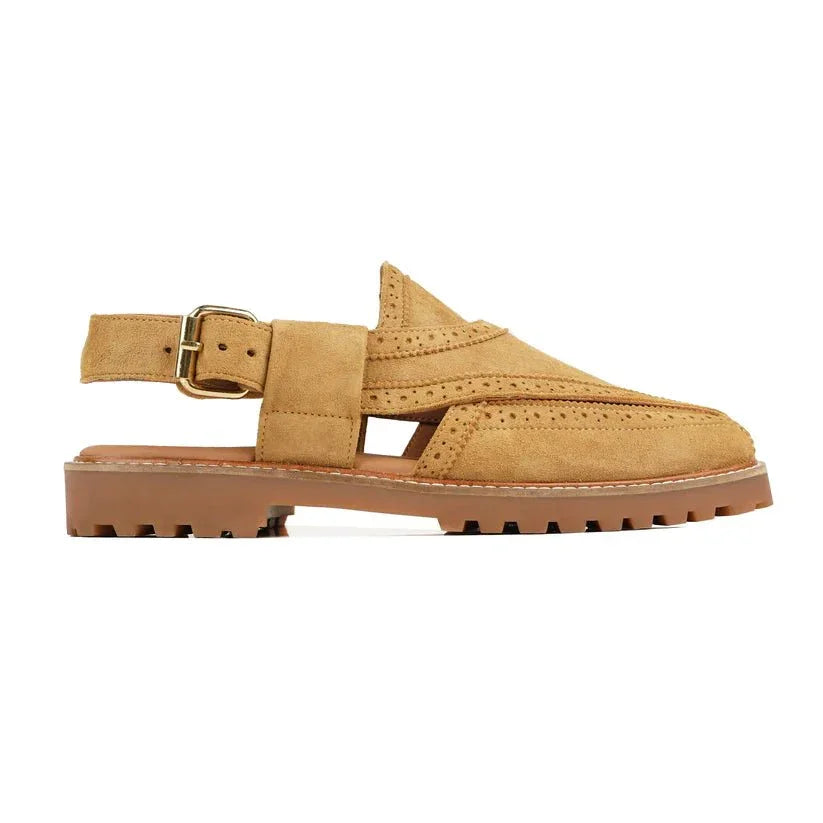 Tan suede Afghani chappal with rugged sole and buckle strap, traditional men's footwear
