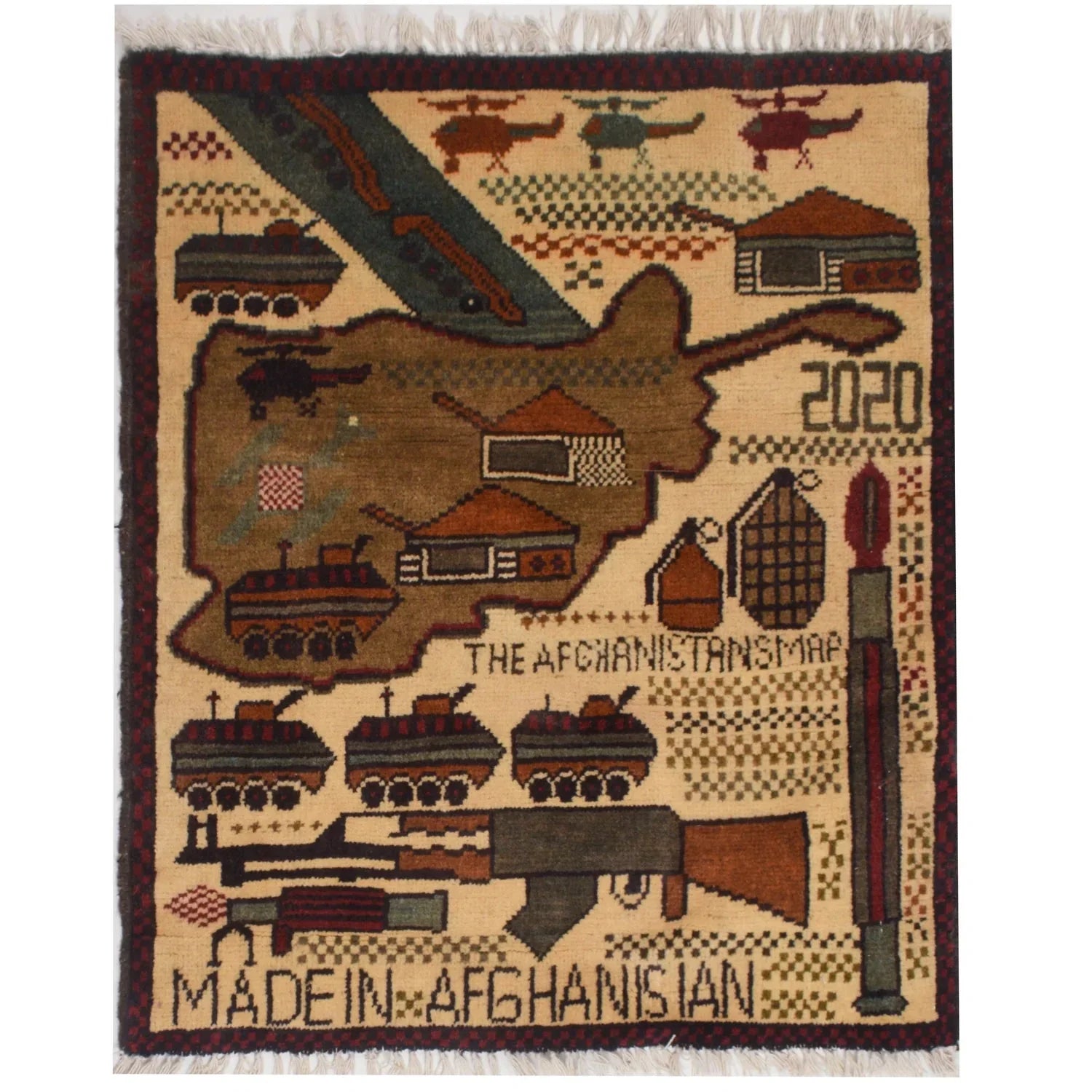 Afghan war rug featuring Afghanistan map, military vehicles, helicopters, and 2020 text