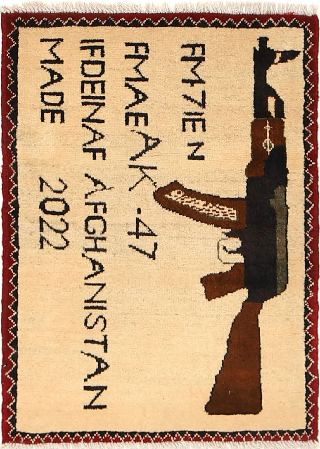 Handwoven Afghan rug with geometric border, AK-47 rifle design, and text on beige background.