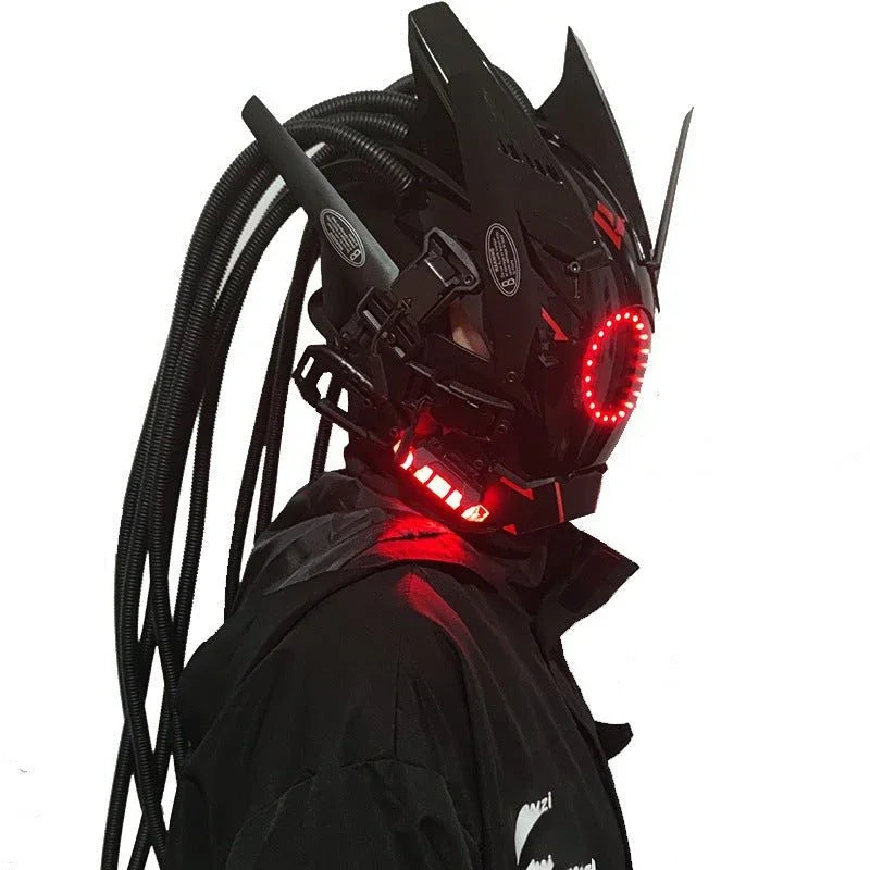 Futuristic cyberpunk helmet with red LED lights, black tubes, and angular designs
