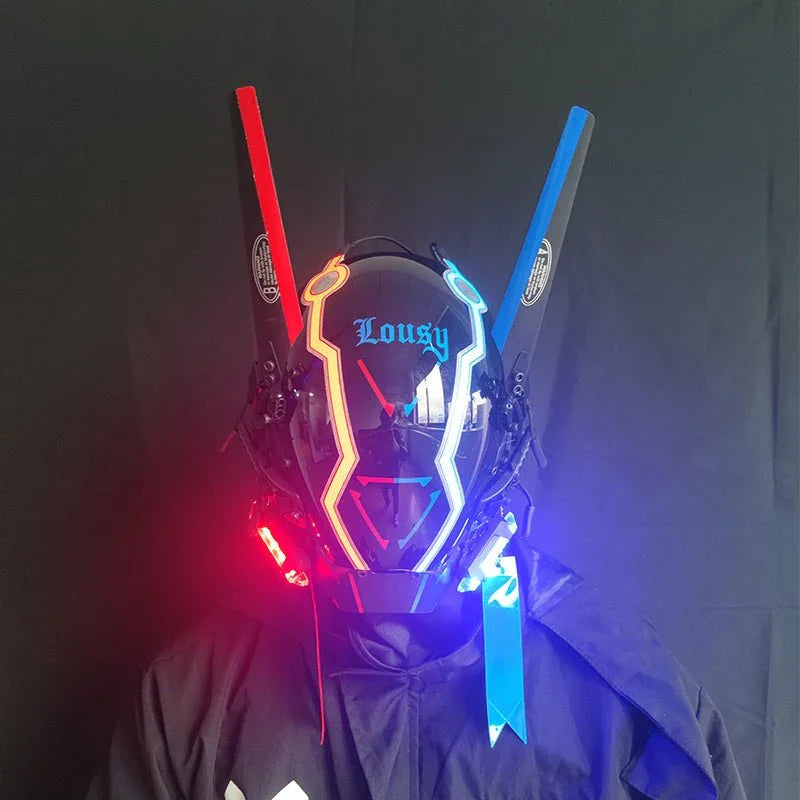Futuristic cyberpunk helmet with LED lights, blue and red accents, and 'Lousy' text, worn on dark background