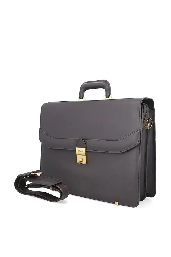 Elegant brown leather briefcase with gold clasp and detachable shoulder strap