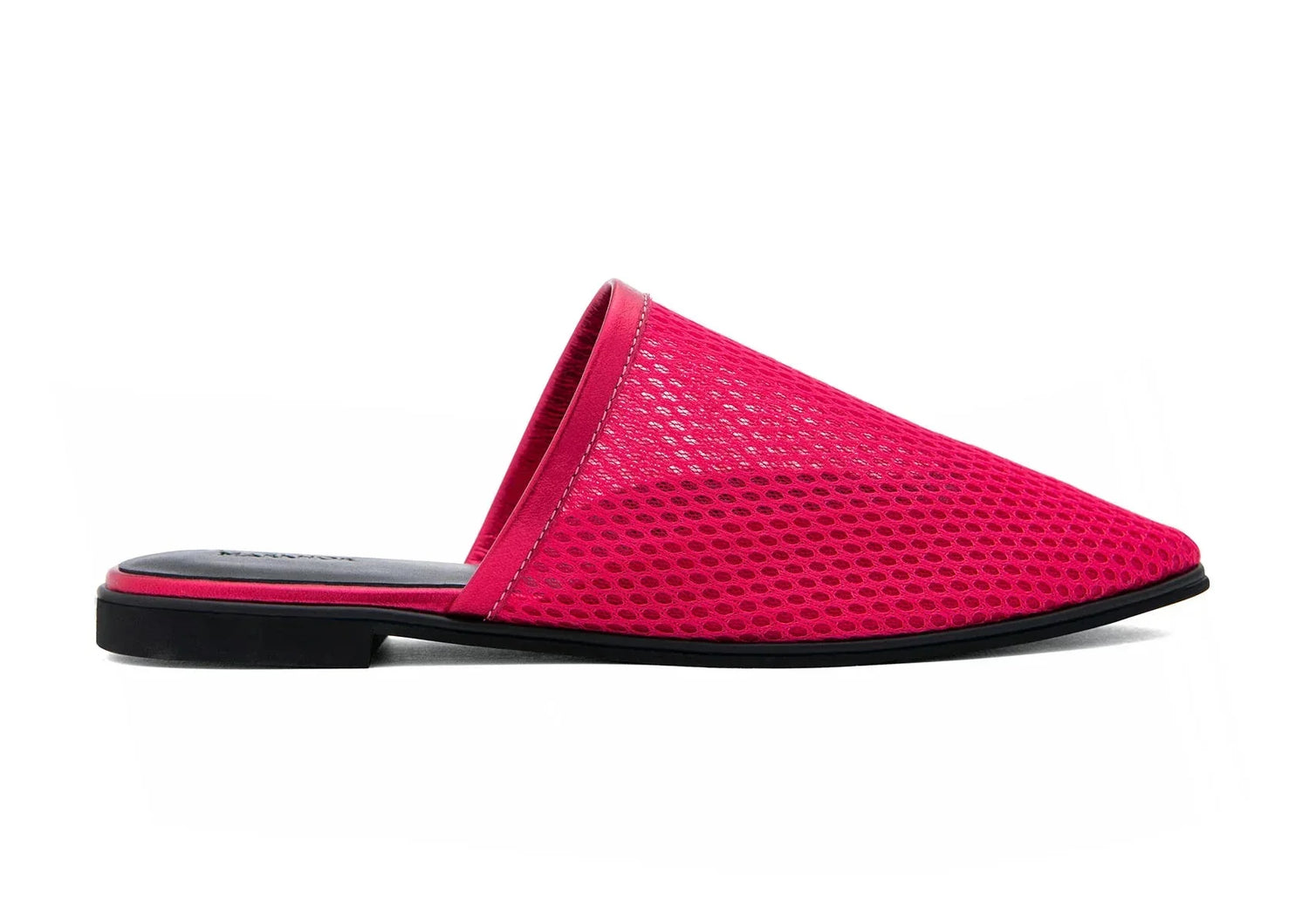 Red mesh slip-on mule shoe with pointed toe and flat black sole on white background