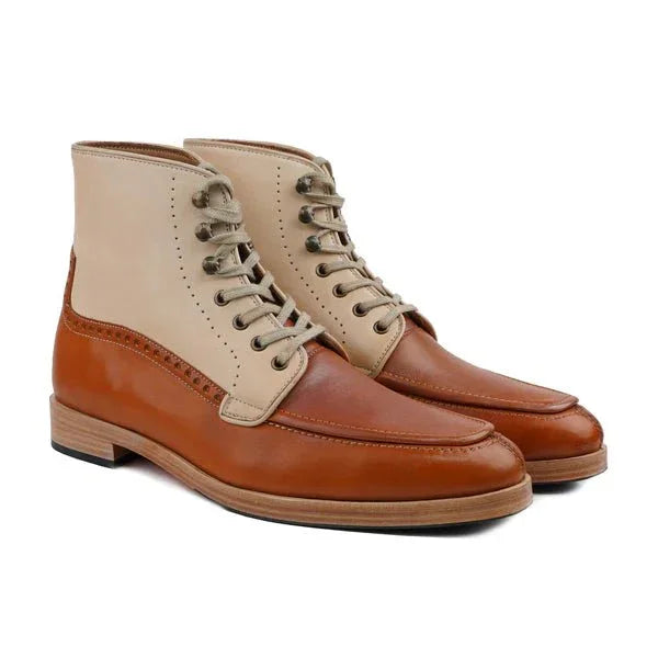 Two-tone brown and beige leather lace-up boots with wood soles, luxury men's footwear