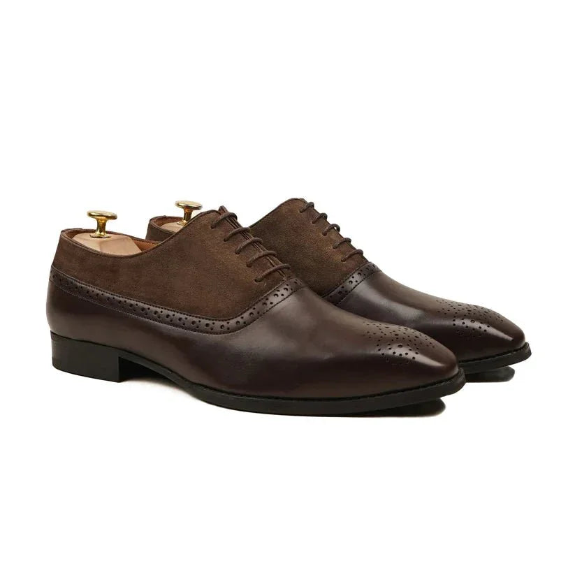 Brown leather and suede oxford shoes with brogue detailing, classic lace-up design