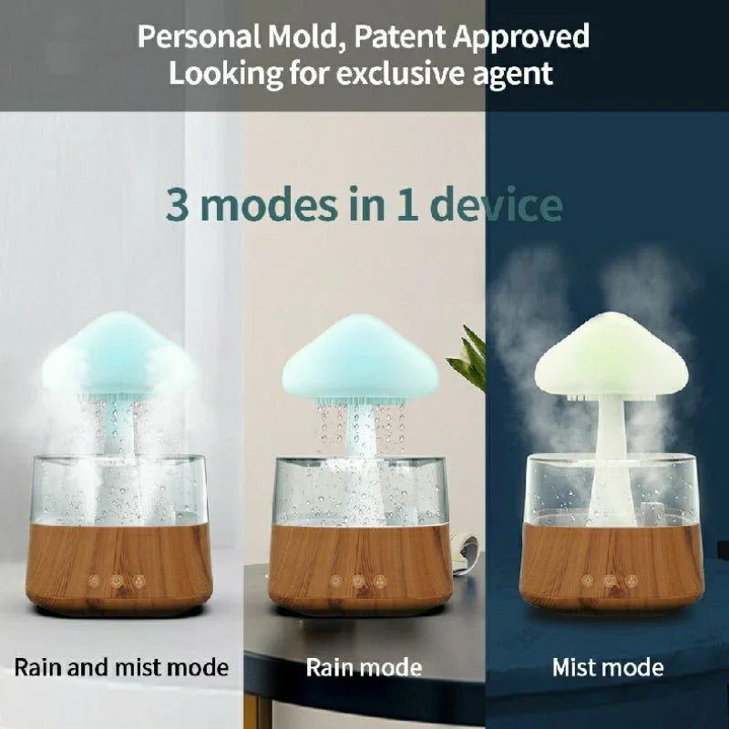 Rain cloud humidifier with wood base showing rain, mist, and combined modes for better sleep.