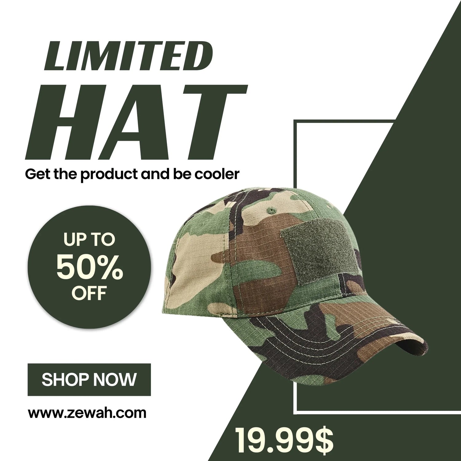 Camouflage tactical hat with velcro patch, discount offer, shop now banner