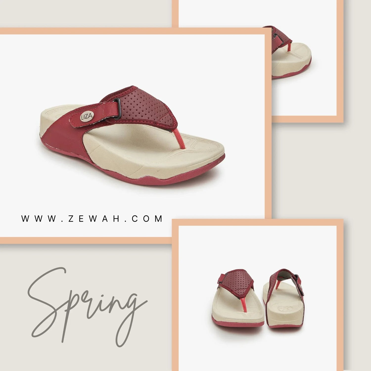 Beige and maroon women's comfort slippers with cushioned sole and perforated strap.
