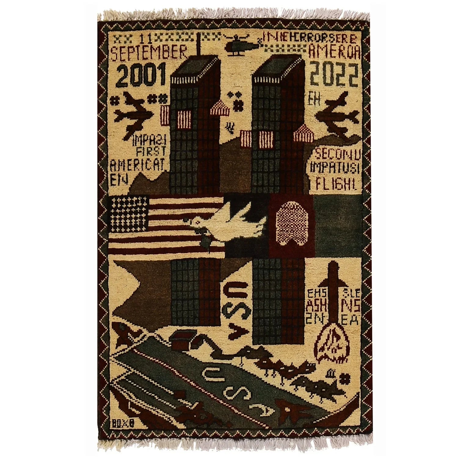 Decorative rug with World Trade Center towers, American flag, planes, bold September 2001 text and USA motif.