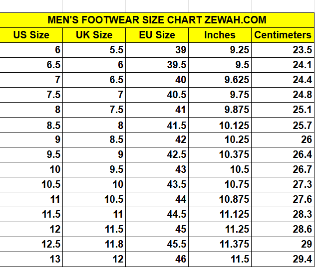 Servis Cheetahs Shoe Size Chart