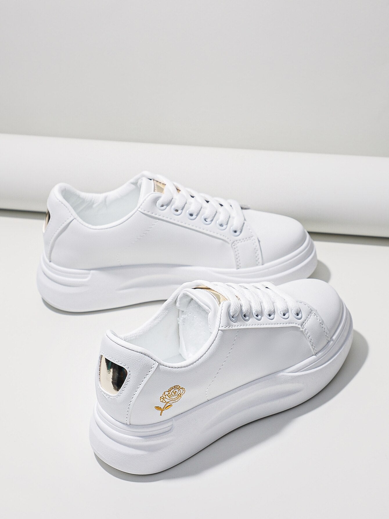 White Floral Embroidered Lace-Up Sneakers for Women