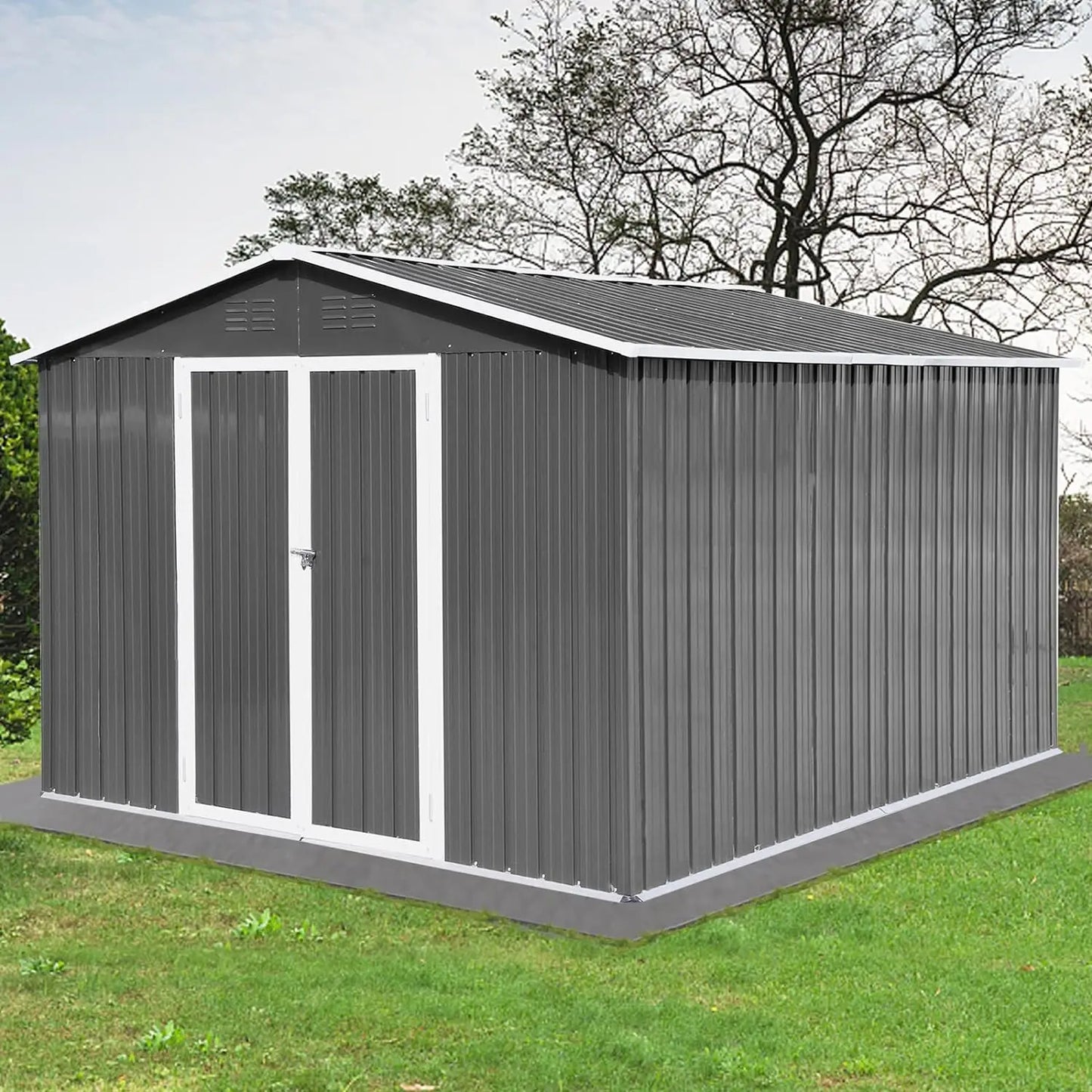 Outdoor Storage Shed with Lockable Doors for Backyard Lawn Garden 10ftx8ft Metal Outdoor Galvanized Steel Storage Shed