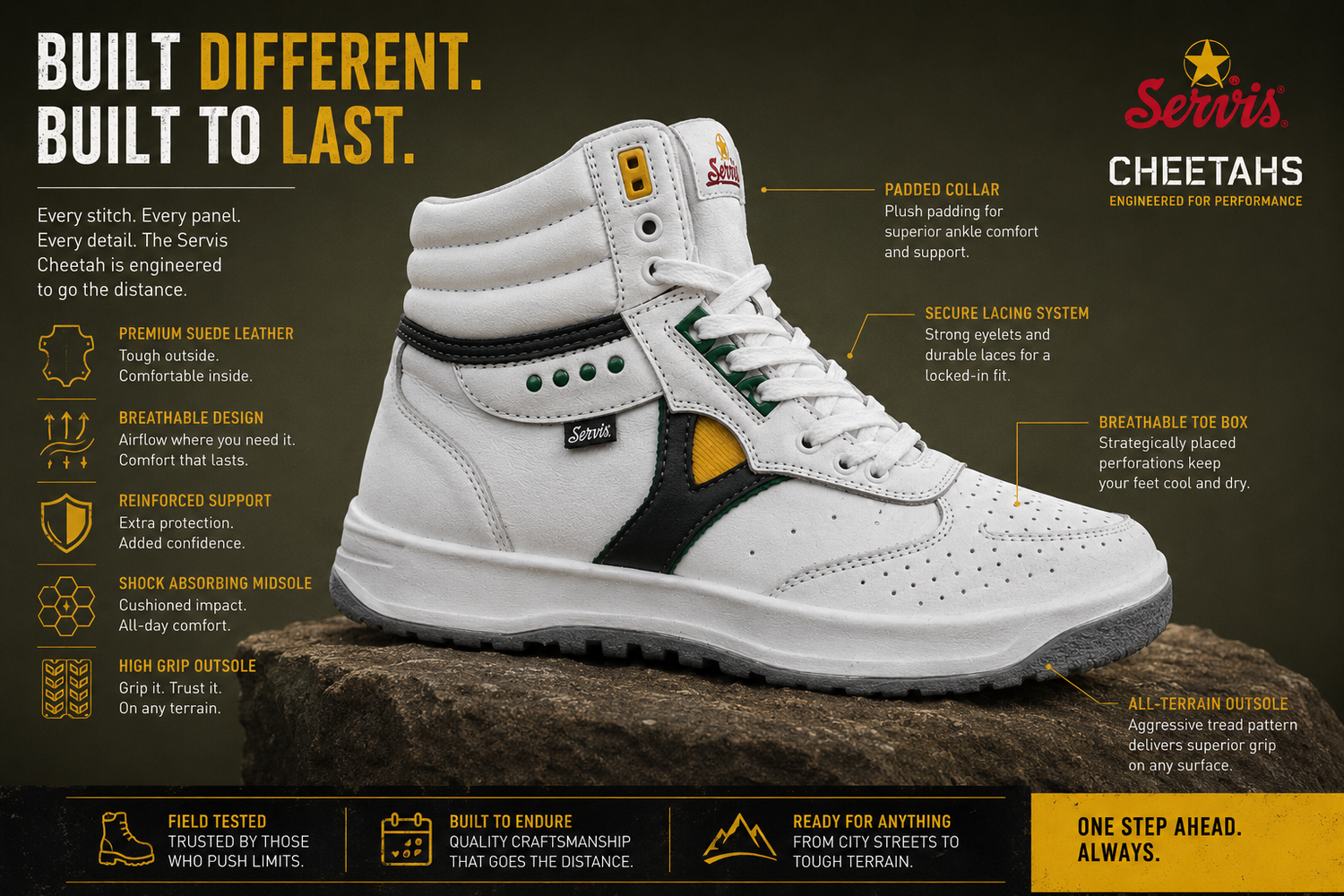Servis Cheetahs high-top sneakers on rock, featuring white leather, green and yellow accents, and detailed features.
